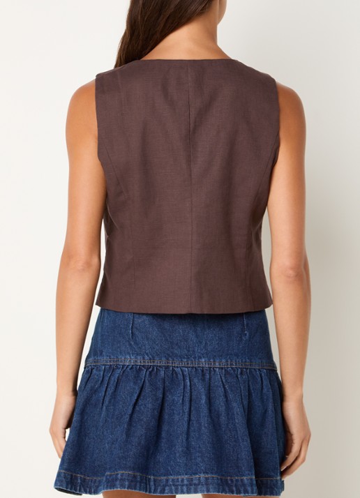 Neo Noir Yula gilet in linnenblend - achterkant 4 donkerbruin