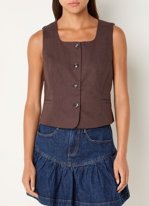 Neo Noir Yula gilet in linnenblend - detail 3 donkerbruin