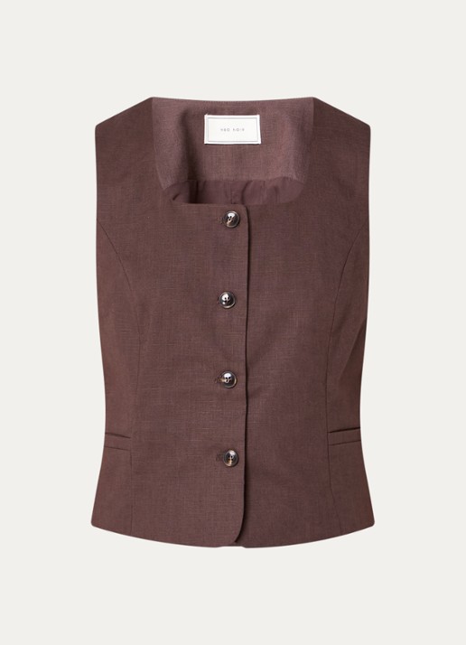 Neo Noir Yula gilet in linnenblend - voorkant donkerbruin