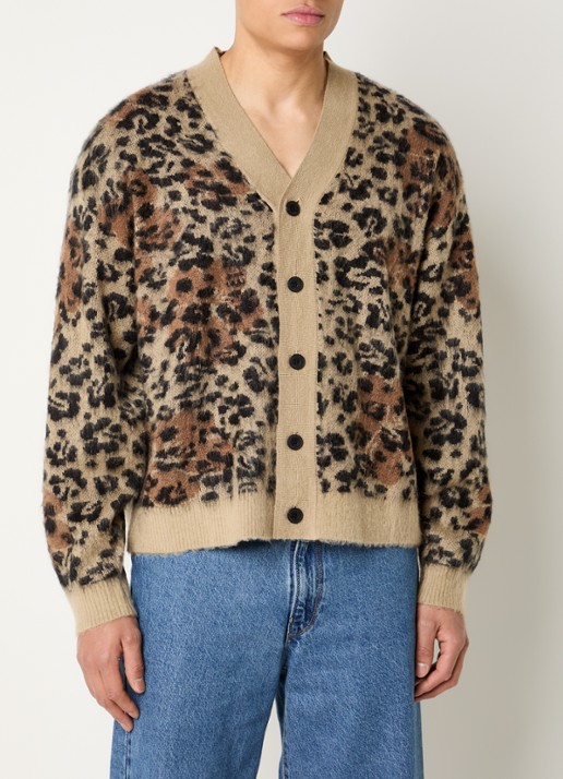 New Amsterdam Surf Association Hibiscus fijngebreid vest in wolblend met panterprint - achterkant mosgroen