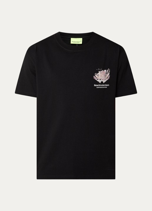 New Amsterdam Surf Association Tropical T-shirt met logo- en backprint - voorkant zwart
