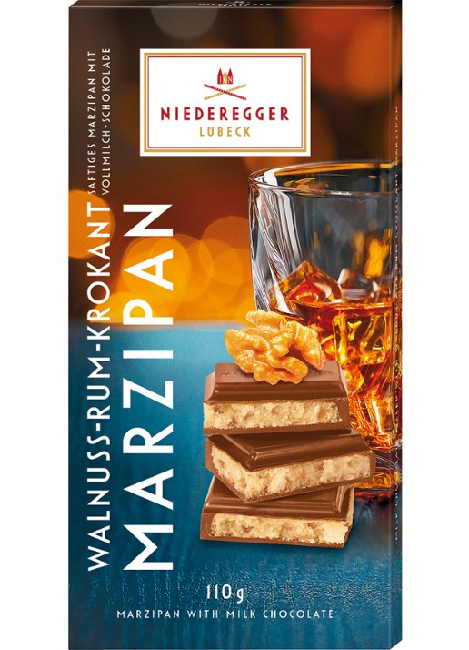 Niederegger Melk chocoladereep met walnoot-rum-krokant marsepein vulling 110 gram