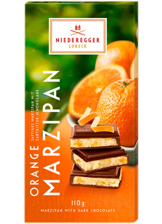 Niederegger Pure chocoladereep met sinaasappel marsepein vulling 110 gram - voorkant undefined