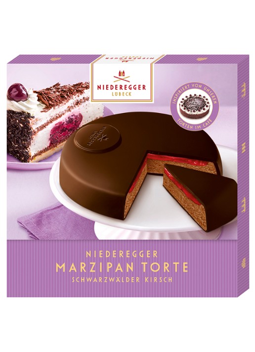 Niederegger Schwarzwälder Kirsch marsepeintaart 185 gram - voorkant beige
