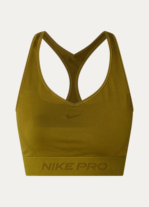 Nike Sport bh met light support en logo - voorkant 2 mosgroen