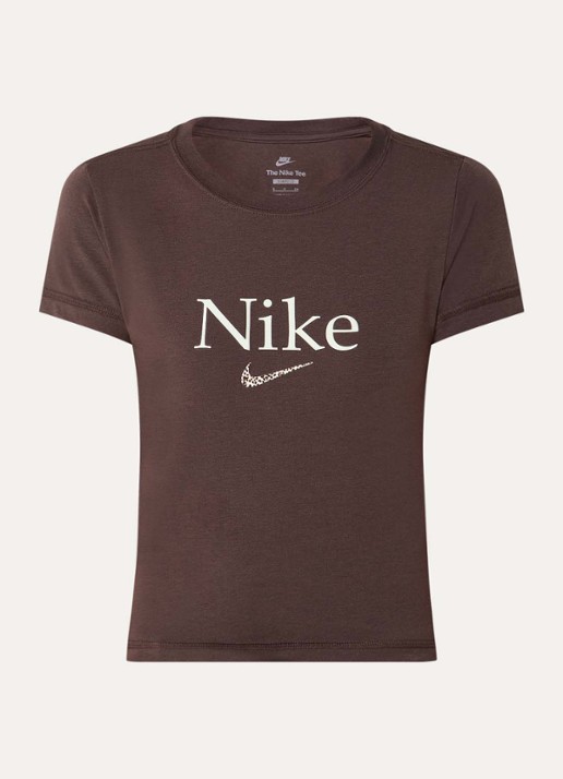 Nike T-shirt met logo en ronde hals - voorkant donkerbruin