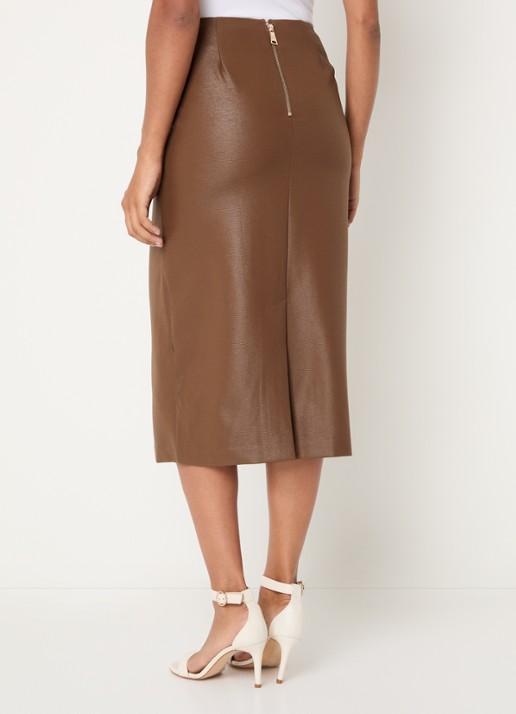 NIKKIE Aelena midi rok van imitatieleer met split - achterkant cognac