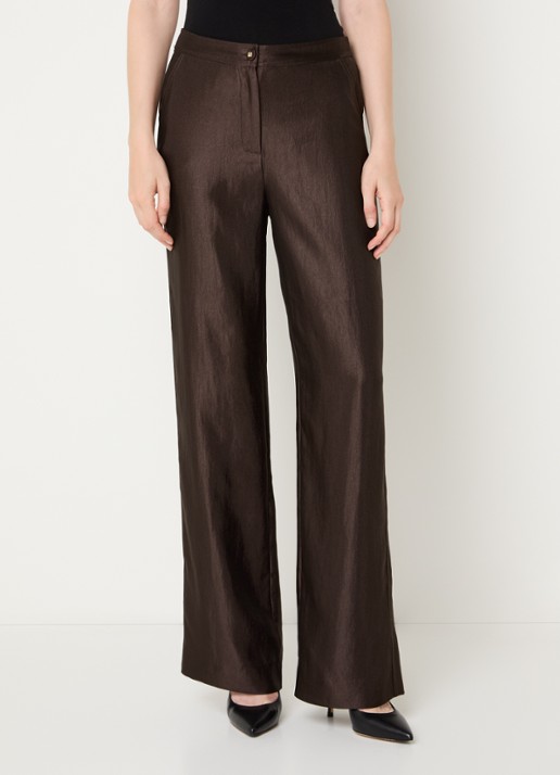 NIKKIE Alira high waist loose fit broek met steekzakken en metallic finish - detail 3 donkerbruin