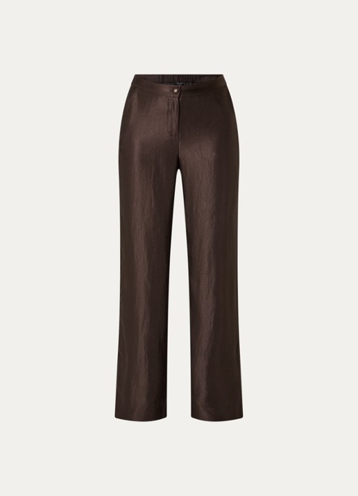 NIKKIE Alira high waist loose fit broek met steekzakken en metallic finish - voorkant donkerbruin