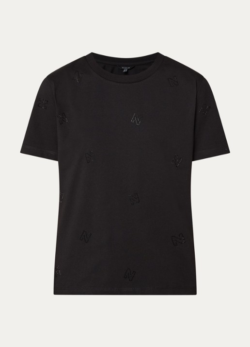 NIKKIE Allover N T-shirt met logoprint en strass - voorkant 7 zwart