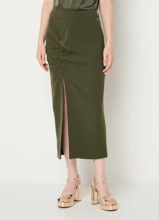 NIKKIE Amine midi kokerrok met split en plooidetail - detail bronsgroen