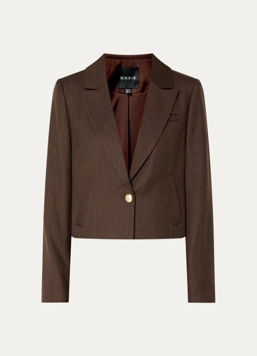 NIKKIE Anou cropped blazer met steekzakken - voorkant donkerbruin