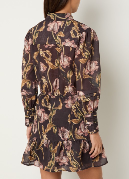 NIKKIE Apillone mini blouse jurk met boemenprint en volant - achterkant 4 chocoladebruin