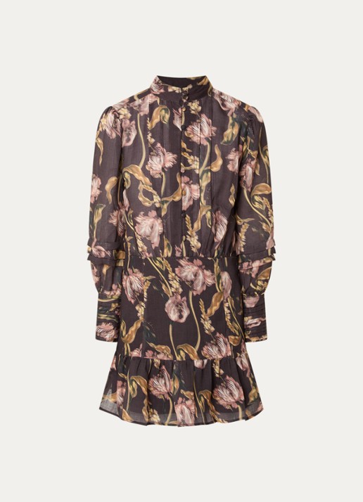 NIKKIE Apillone mini blouse jurk met boemenprint en volant - voorkant chocoladebruin