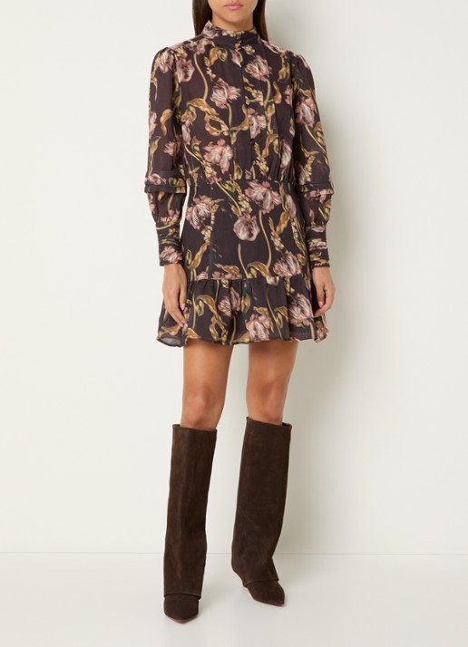 NIKKIE Apillone mini blouse jurk met boemenprint en volant - voorkant 2 chocoladebruin