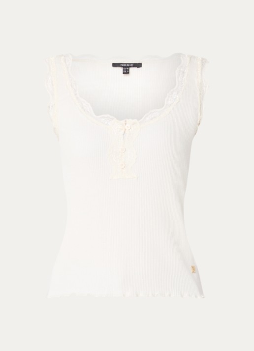 NIKKIE Arlynn tanktop met ribstructuur en details van kant - voorkant gebroken wit
