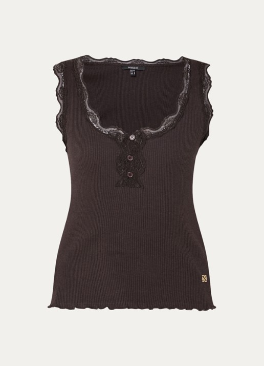 NIKKIE Arlynn tanktop met ribstructuur en details van kant - voorkant 2 chocoladebruin