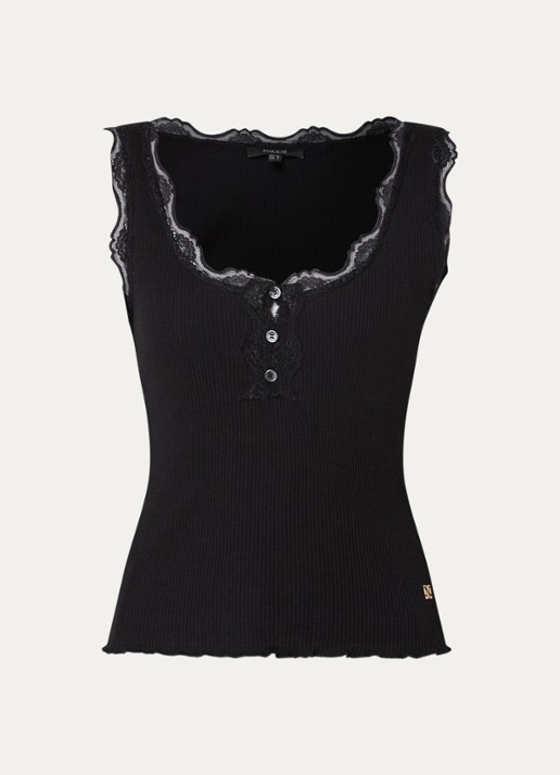 NIKKIE Arlynn tanktop met ribstructuur en details van kant - voorkant 2 zwart