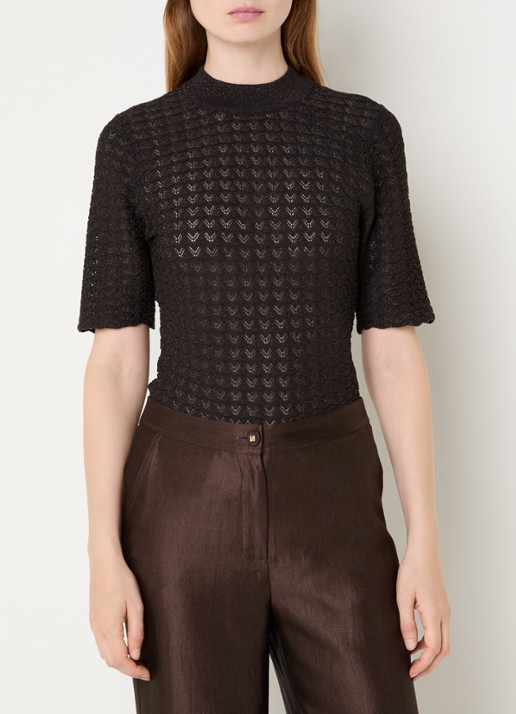 NIKKIE Arvella top met opengewerkt dessin en lurex - detail chocoladebruin