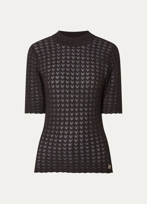 NIKKIE Arvella top met opengewerkt dessin en lurex - voorkant 3 chocoladebruin