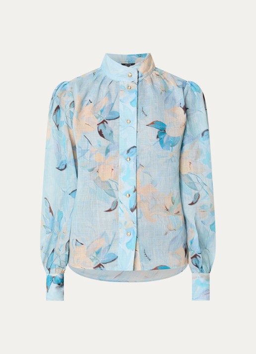 NIKKIE Avalon semi-transparante blouse met bloemprint  - voorkant 3 lichtblauw