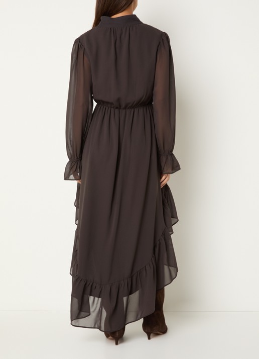 NIKKIE Aylin mini blousejurk met volant en v-hals  - achterkant 3 chocoladebruin