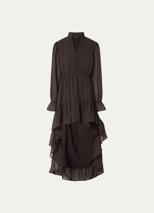 NIKKIE Aylin mini blousejurk met volant en v-hals  - voorkant chocoladebruin