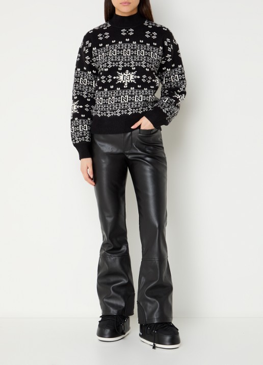 NIKKIE Giza high waist flared fit skibroek van imitatieleer met steekzakken - voorkant 2 zwart