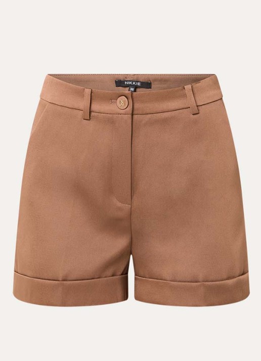 NIKKIE Omahah high waist straight fit korte broek van satijn - voorkant 2 hazelnootbruin