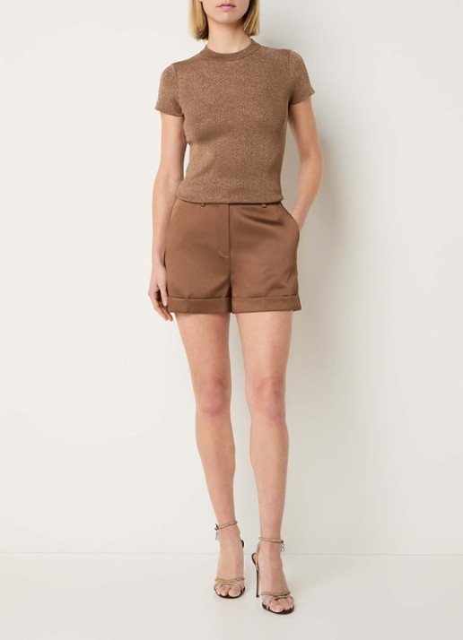 NIKKIE Omahah high waist straight fit korte broek van satijn - voorkant 3 hazelnootbruin