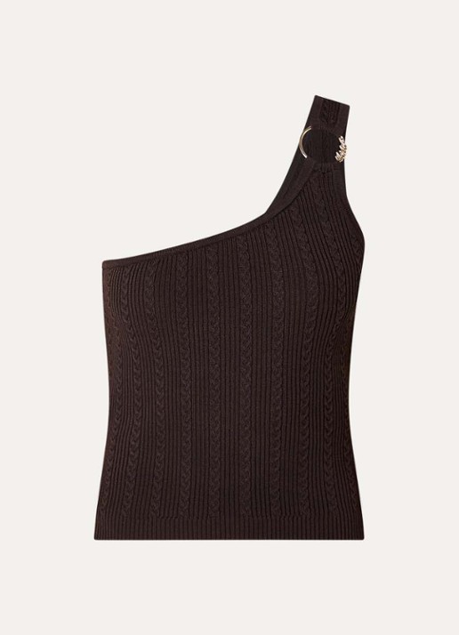 NIKKIE Oregon one shoulder top met ribstructuur - voorkant donkerbruin