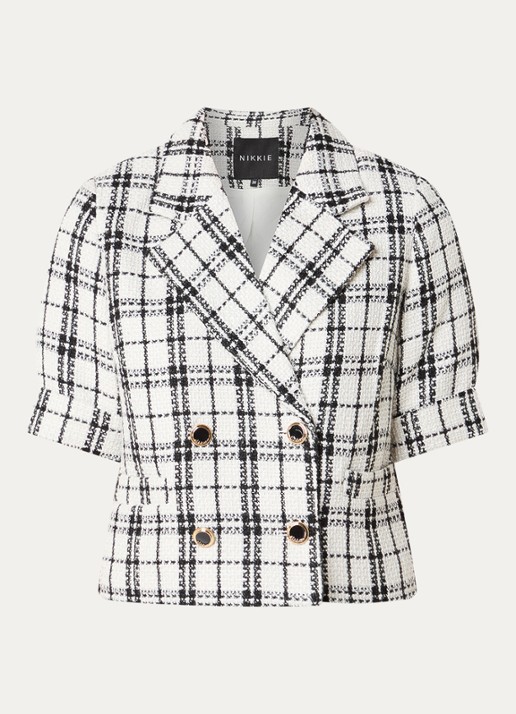 NIKKIE Oringa cropped blazer met tweed-look en ruitdessin - voorkant 3 wit
