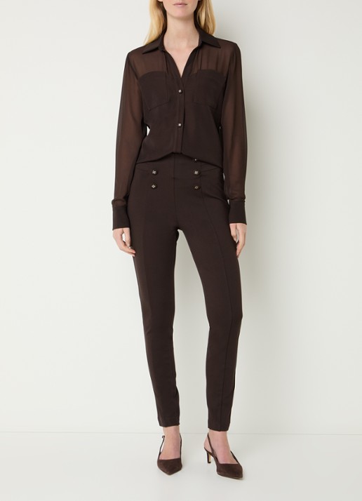 NIKKIE Oroville high waist skinny fit broek met sierknopen - voorkant 3 donkerbruin