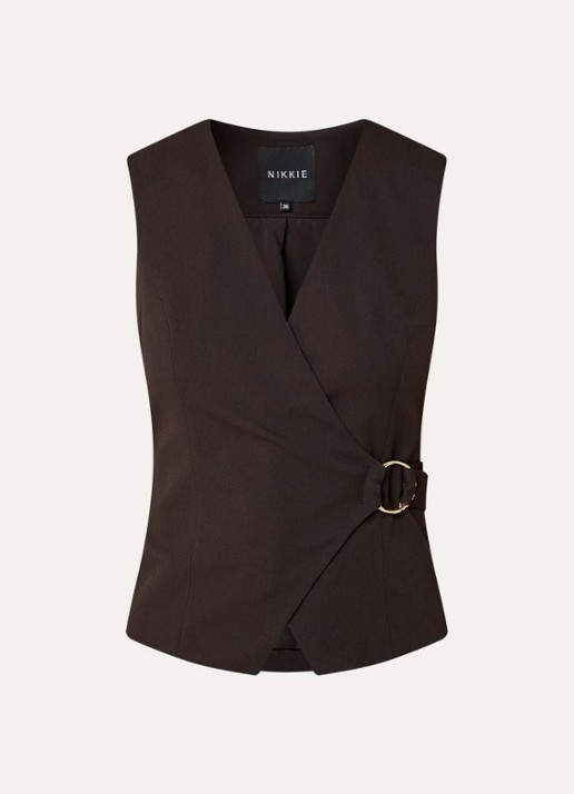 NIKKIE Oxford gilet met ceintuur - voorkant 2 donkerbruin