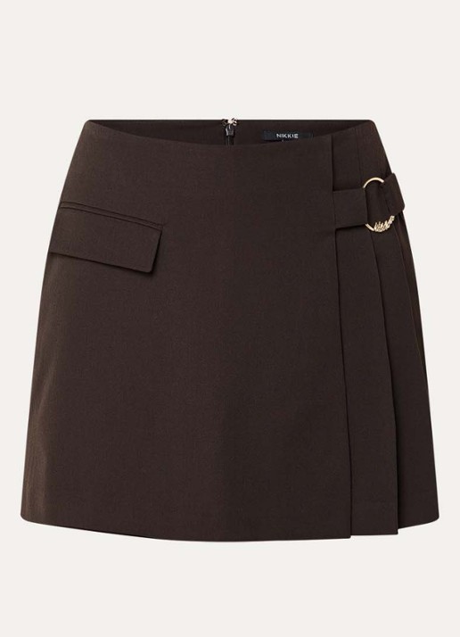 NIKKIE Oxford minirok met ceintuur - voorkant donkerbruin
