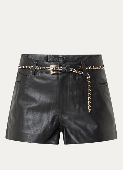 NIKKIE Palmer high waist straight fit korte broek van lamsleer - voorkant 3 zwart
