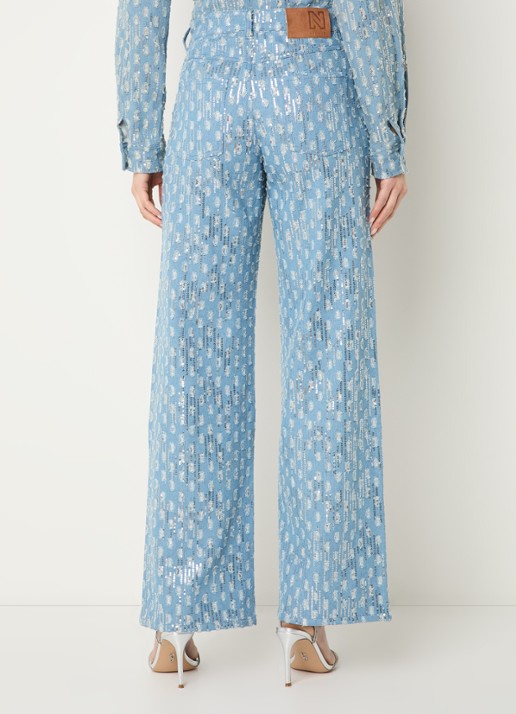 NIKKIE Pools high waist straight leg jeans met pailletten - achterkant 3 lichtblauw