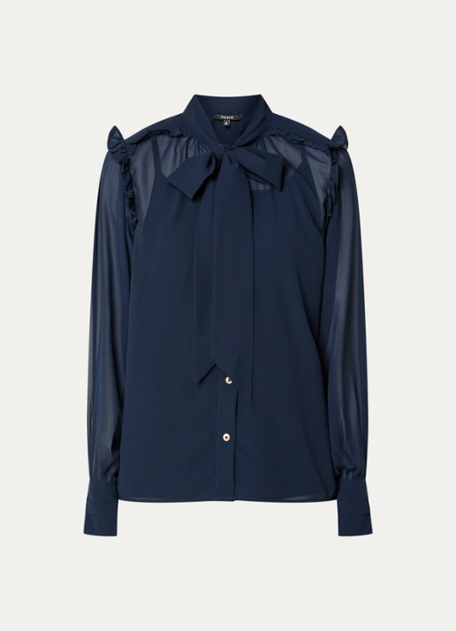NIKKIE Pragues blouse met volant en sjaalkraag - voorkant donkerblauw