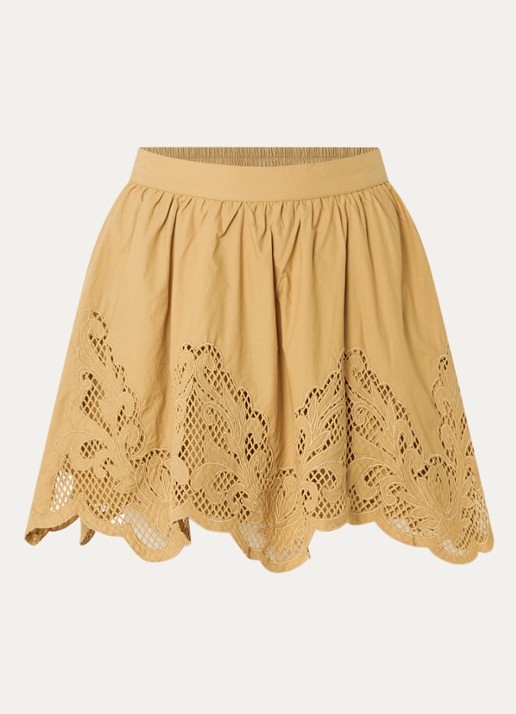 NIKKIE Rabano mini A-lijn rok met broderie - voorkant camel