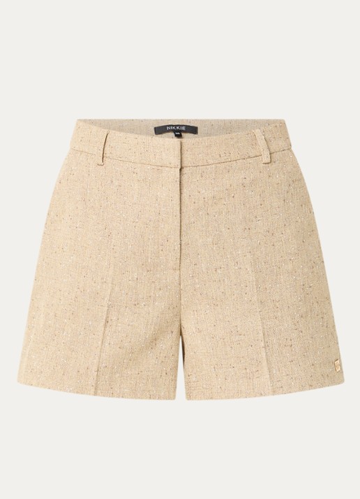 NIKKIE Reza high waist straight fit korte broek met strass - voorkant 3 beige