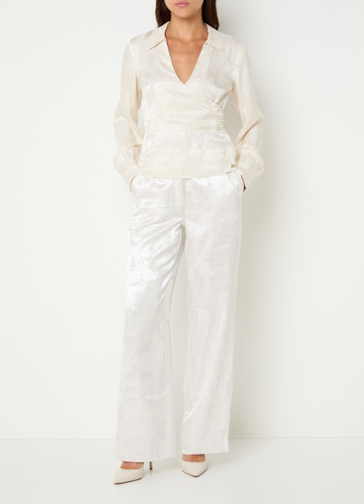 NIKKIE Rialto high waist straight fit pantalon met jacquard dessin - voorkant 4 gebroken wit