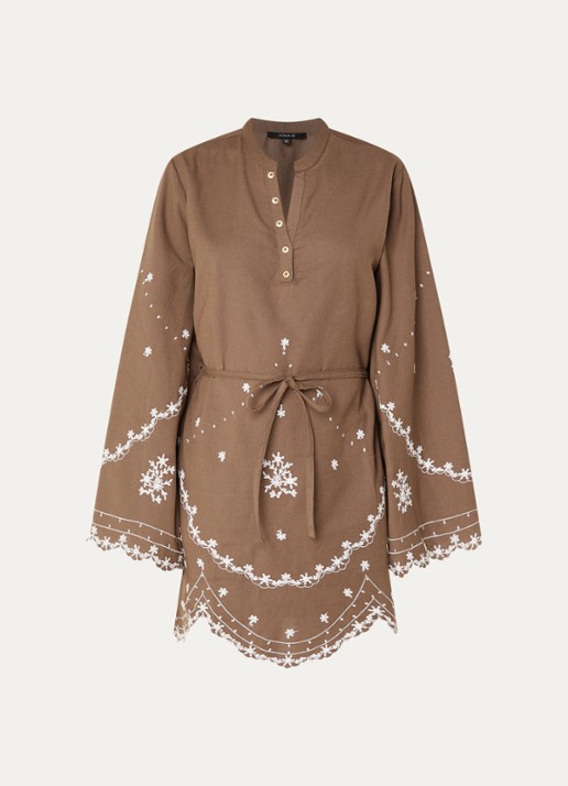 NIKKIE Rianxo mini jurk in linnenblend - voorkant 2 hazelnootbruin