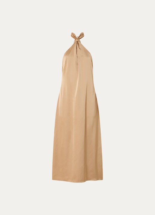 NIKKIE Ribe midi halter jurk van satijn  - voorkant 3 zand