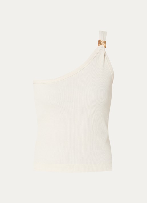 NIKKIE Roselle one shoulder top met ribstructuur en kralendecoratie - voorkant 3 creme
