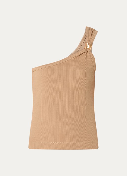 NIKKIE Roselle one shoulder top met ribstructuur en kralendecoratie - voorkant 2 camel