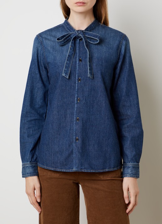 Nili Lotan Suzette blouse van denim met sjaalkraag
