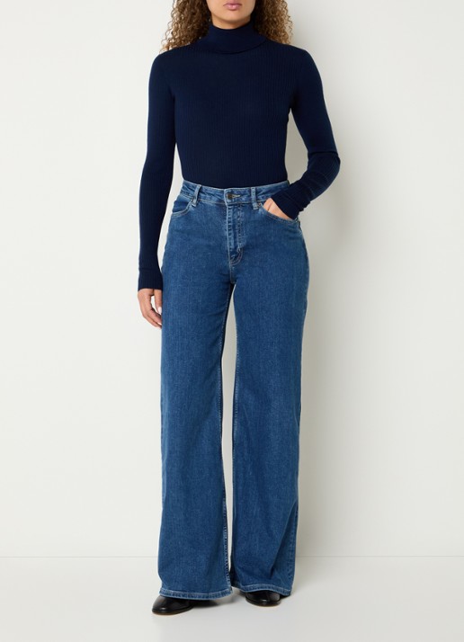 Ninepine Ribgebreide trui van merino wol met col - voorkant 4 donkerblauw