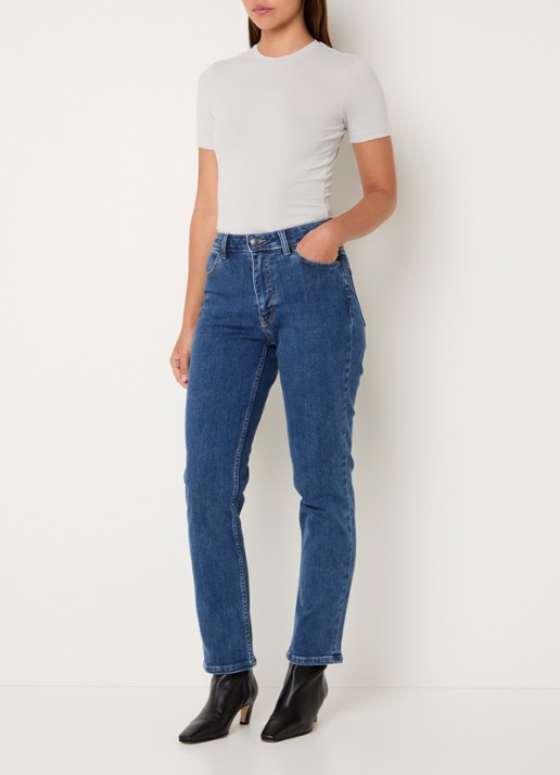 Ninepine Slim fit high waist jeans met medium wassing - voorkant 2 indigo