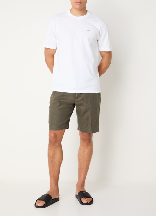 NN.07 Billie straight fit korte broek van linnen met steekzakken - voorkant 3 legergroen