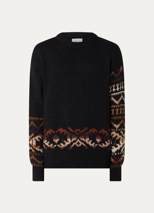 NN.07 Emil grofgebreide trui in alpaca wolblend met ingebreid patroon - voorkant zwart